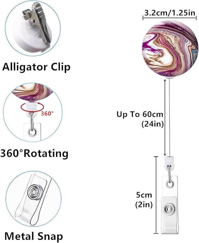 Retractable ID Badge Holder Nurse Badge Reels with Clip Name Card Holders for Office Worker Doctor Nurse (4 Pack Colorful Marble B)