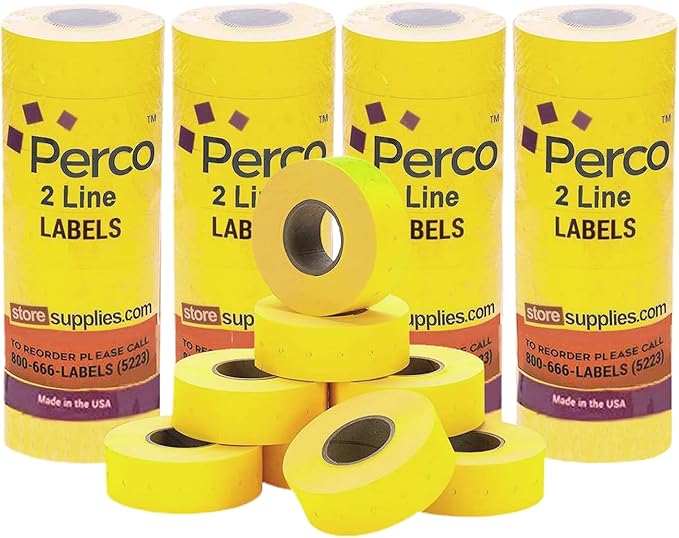 Perco 2 Line Yellow Labels - 32 Rolls, 4 Sleeves, 24,000 Blank Price and Date Gun Labels for Perco 2 Line Price and Date Guns - Made in USA