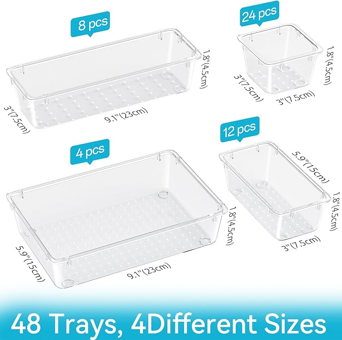 48 PCS Drawer Organizer Set, 4 Sizes Clear Plastic Makeup Vanity Organizer for Makeup, Stationery, Multiple Gadgets, Kitchen, Bathroom, Office, Bedroom