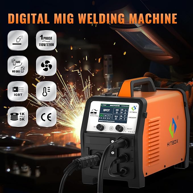 HITBOX Double Pulse Aluminum MIG Welder,All in 1,Gas MIG/Gasless Flux Core MIG/Stick/Lift TIG/Single Pulse/Dual Pulse Aluminum Welding Machine (HIM250DPP-US-D)