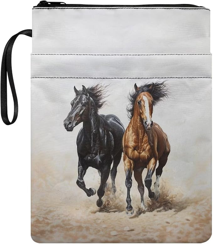 COEQINE Horses Themed Zippered Book Covers for Soft Cover Books Hard Cover Cool Animal Book Protectionale Book Sleeves Case with Hand Handles Portable Chain