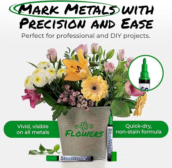 Metal Marking Paint Pen - Industrial Marker For Writing & Drawing on Steel and Metals - Washable Removable Paint Markers For Metal, Wet Erase Metal Paint, Green Paint Pen for Construction and Welders