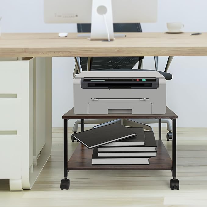 EMERIT 2-Tier Under Desk Printer Stand w/Storage - 19.5x19.5x12.8''Heavy Duty Rolling Cart, Mobile Printer Table with Lockable Wheels for Home Office Organization - Industrial Style