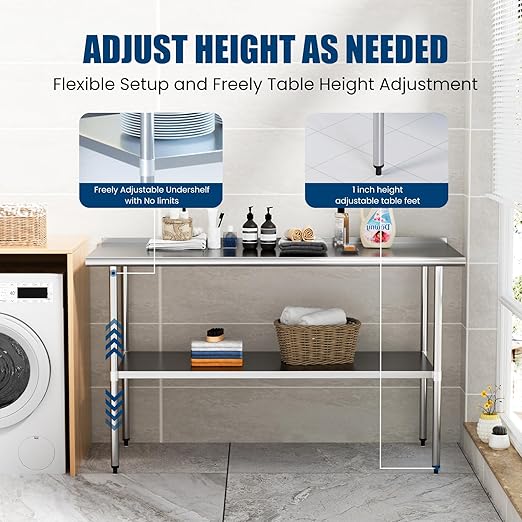 Stainless Steel Table 18 x 60 Inches Metal Prep Table with Backsplash & Adjustable Undershelf for Commercial Kitchen, Outdoor, Restaurant, Hotel & Garage