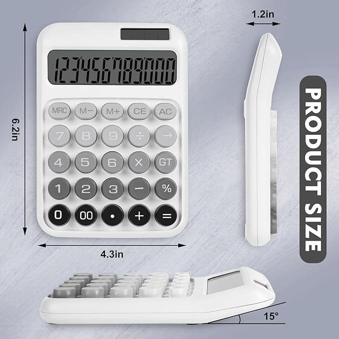 Mechanical Switch Calculator with Big Buttons, Calculators Desktop, 12 Digits, Solar Battery Power, Desk Calculator, Large LCD Display, Cute White Calculator for Teachers Students Basic Office