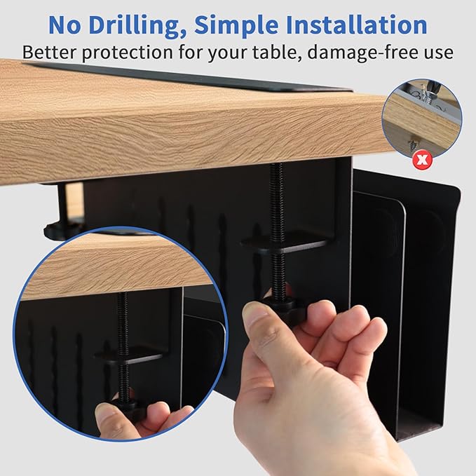 LUKETURE Desk Side Storage, 2 Tier Steel Hanging Organizer, No Drill Side Desk Organizer, Laptop Holder, with Pen Holder, Hanging Table Storage for Office and Home