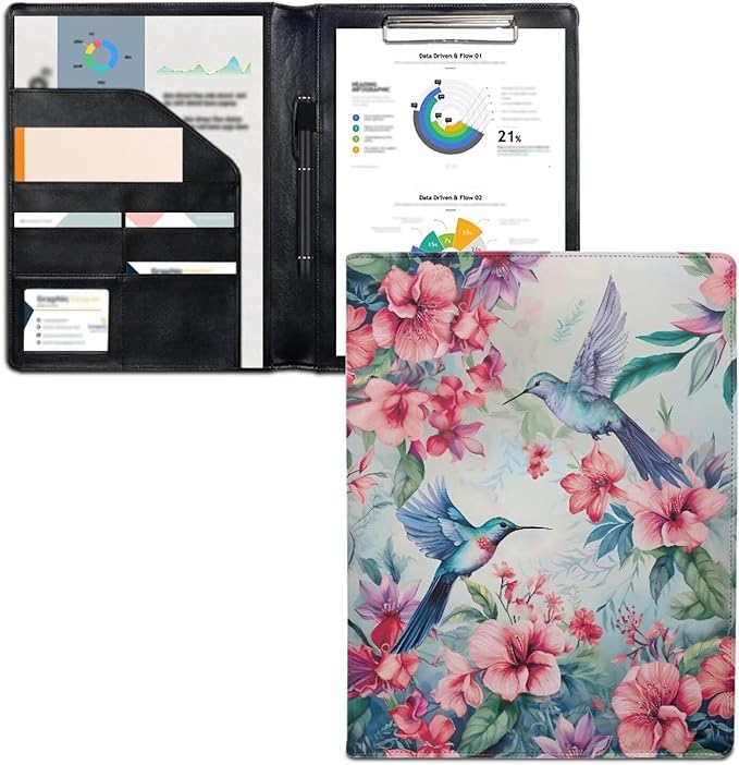 PsaytomeyFlower Hummingbird Portfolio Folder Leather Padfolio with A4 Size Clipboard Clip for Business Resume Interview Document Sleeve Binder Folder for Men/Women