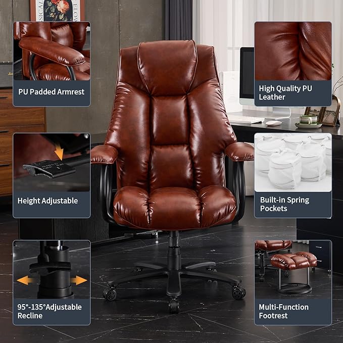 Office Chair Big and Tall, High Back Home Office Chair 400 lbs, Executive Desk Chair, Ergonomic Office Chair with Padded Armrest, Swivel Computer Chair PU Leather (Brown)