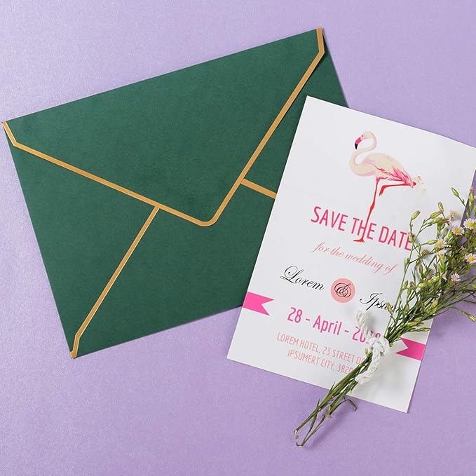 50 Pack A7 Envelopes Dark Green 5 x 7 Self-Adhesive V Flap Envelopes with Gold Border for Office, Greeting Card, Wedding, Graduation, Baby Shower, Parties, Invitations (Dark Green, 5x7)