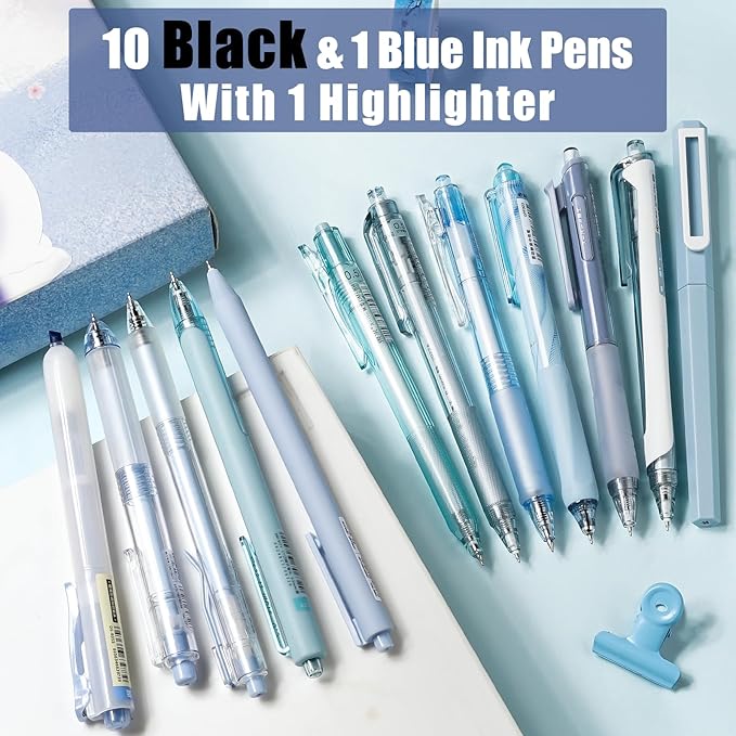 Four Candies 12Pack Pastel Gel Ink Pen Set, 11 Pack Black Ink Pens with 1Pack Highlighter for Writing, Retractable 0.5mm Fine Point Cute Note Taking Pens for School Office (Blue)