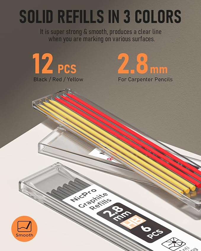 Nicpro Carpenter Pencil with Sharpener, Mechanical Carpenter Pencil Set with 13 Refill, Construction Pencils Heavy Duty Woodworking Pencil for Architect (Black, Red, Yellow)-With Case