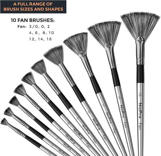 Nicpro Fan Paint Brushes 10 PCS Artist Painting Brush Set Soft Anti-Shedding Nylon Hair Wood Short Handle for Acrylic Watercolor Oil Painting