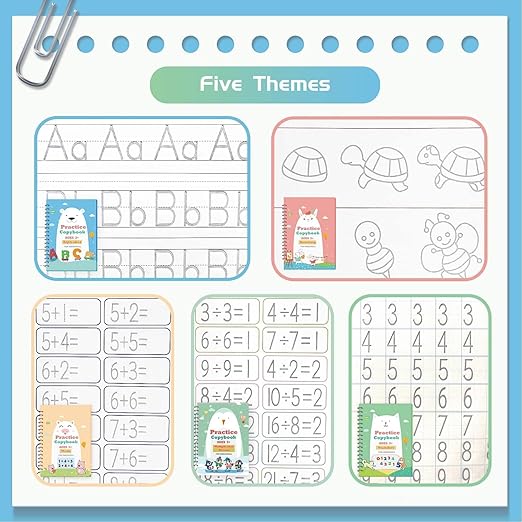 QMUBOT Magic Practice Copybook for Kids, Handwriting Practice Workbook, Reusable Writing Practice Book for Preschool Kids Age 3-8, Calligraphy 7.9in×5.5in (5 Books with Pens)