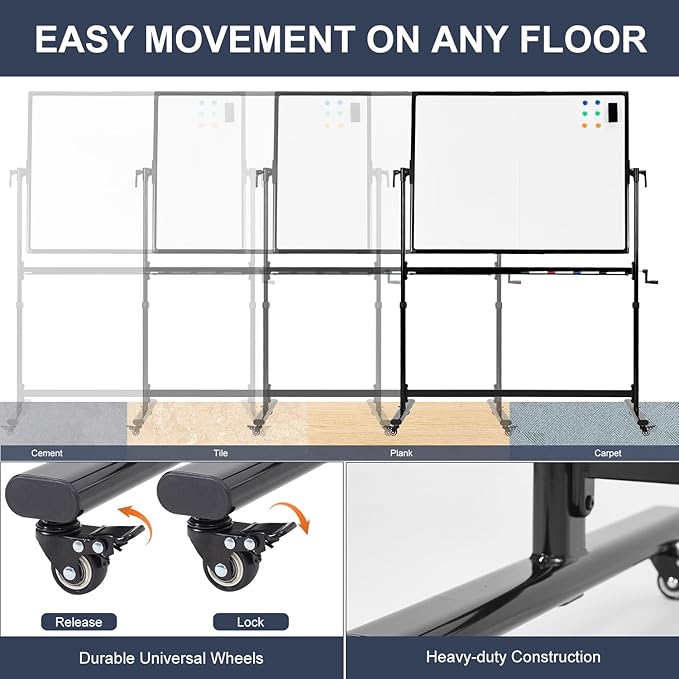 TANKEE Mobile White Board 48 X 36 Inches Height Adjustable Large Magnetic Whiteboard on Wheels, Double-Sided Rolling Dry Erase Board with Stand, Great for Office School Classroom Home