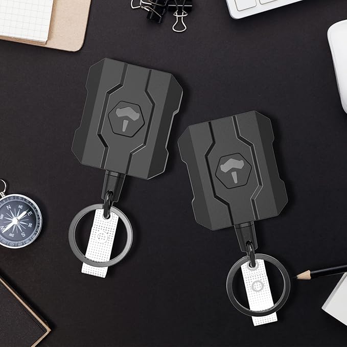 Retractable Keychain Badge Holder with Belt Clip, Heavy Duty Carabiner ID Badge Clip Reel, 32” Steel Retractable Cord, 10 oz Rebound，2 Pack Key Back