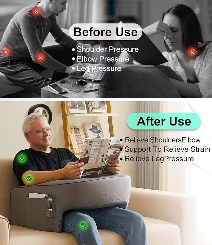 Soft Lap Desk Pillow for Adult, Extra Large Reading Pillow with Pocket, Arm Rest Pillow, Memory Foam Bed Rest Pillow can Reading, Working in Bed Floor Sofa (Grey)