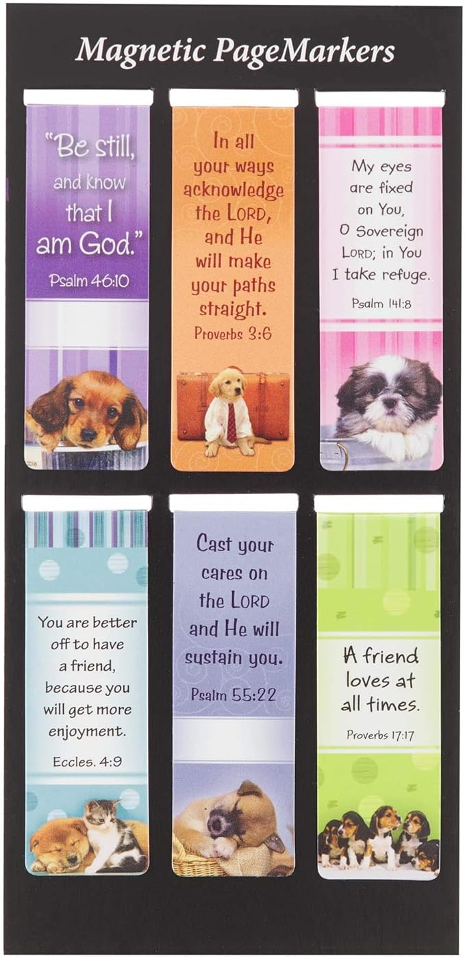 Christian Art Gifts Magnetic Scripture Bookmark Set with Bible Verse: Be Still - Psalm 46:10 Inspirational Puppy-Themed Magnetic Bible Verse Pagemarker Set of 6 for Bibles and Books, Size 2.3" x 0.8"