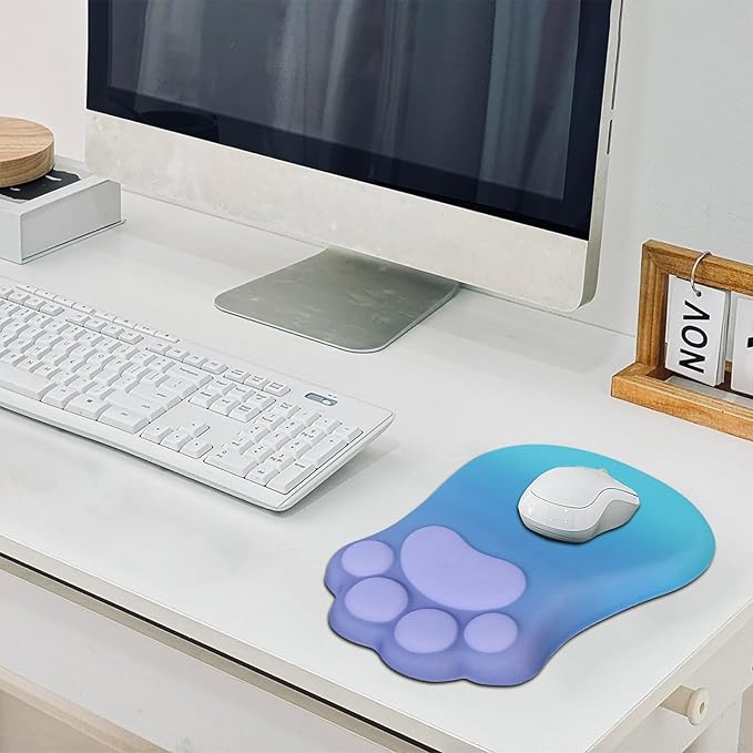 Ergonomic Mouse Pad with Wrist Rest,Cute Cat Paw Mousepad Wrist Support,Comfortable Massage Design Computer Pain Relief Mouse Pad with Non-Slip PU Base for Desk Laptop Gaming,Purple&Green
