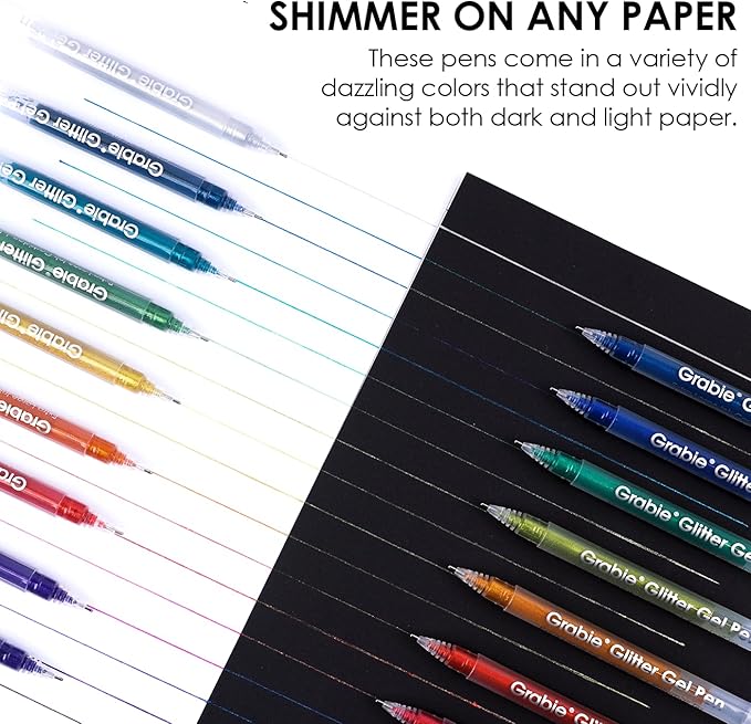Grabie Jumbo Glitter Gel Ink Pen Set Of 18, Metallic Vibrant Sparkle Gel Pens for Coloring, Sparkle Glitter Markers, Glitter Pens for Adults (18 Colors Jumbo Glitter Gel Pens)