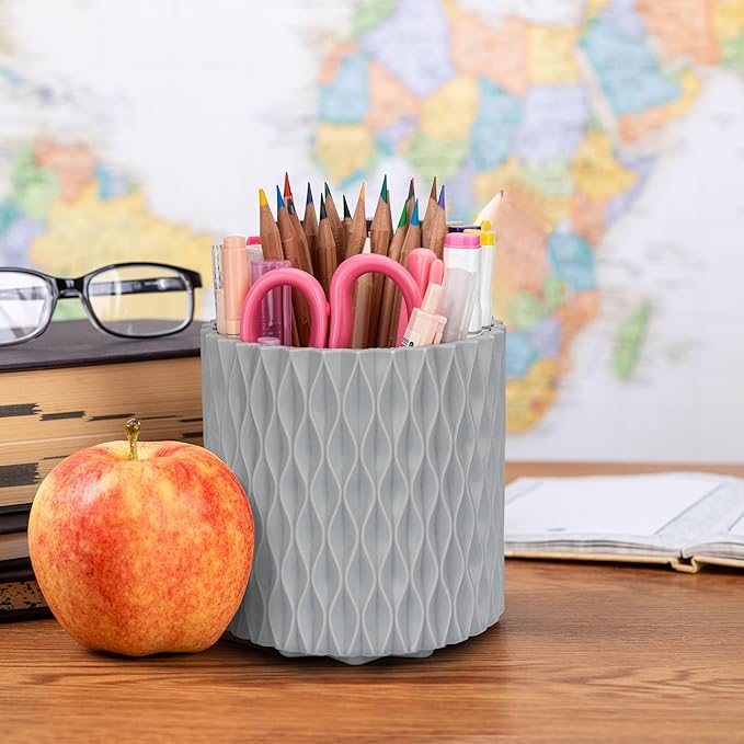 Pencil Holder For Desk - 360° Rotation, 5 Slot Desk Supplies For Women Office Aesthetic. Pencil Holder For Office&School, Desk Accessories(Grey)