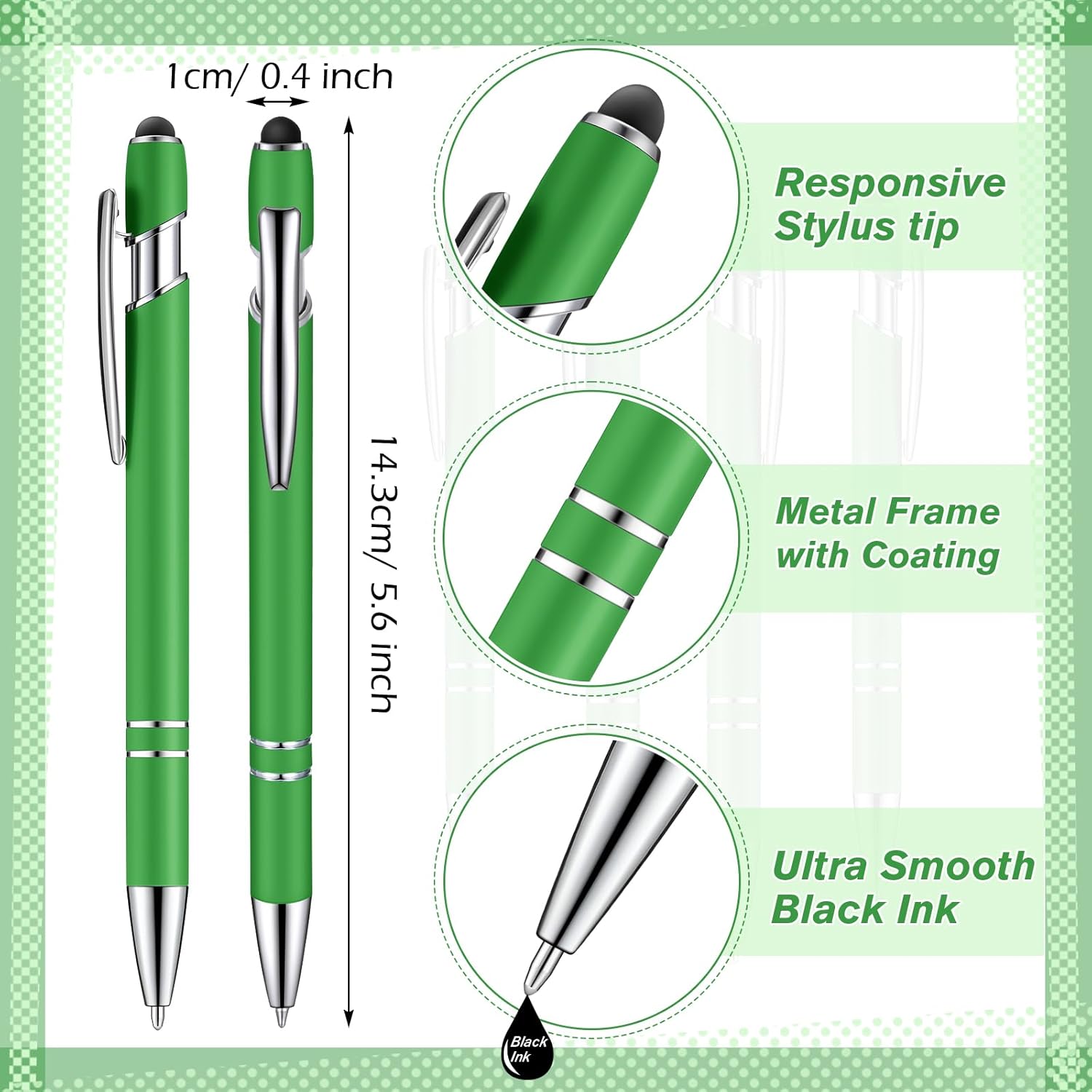 Zonon 38 Pieces Rubberized Ballpoint Pen with Stylus Tip Stylish Metal Pen Capacitive Styli with Soft Rubberized Grip, Black Ink for Most Devices(Green)