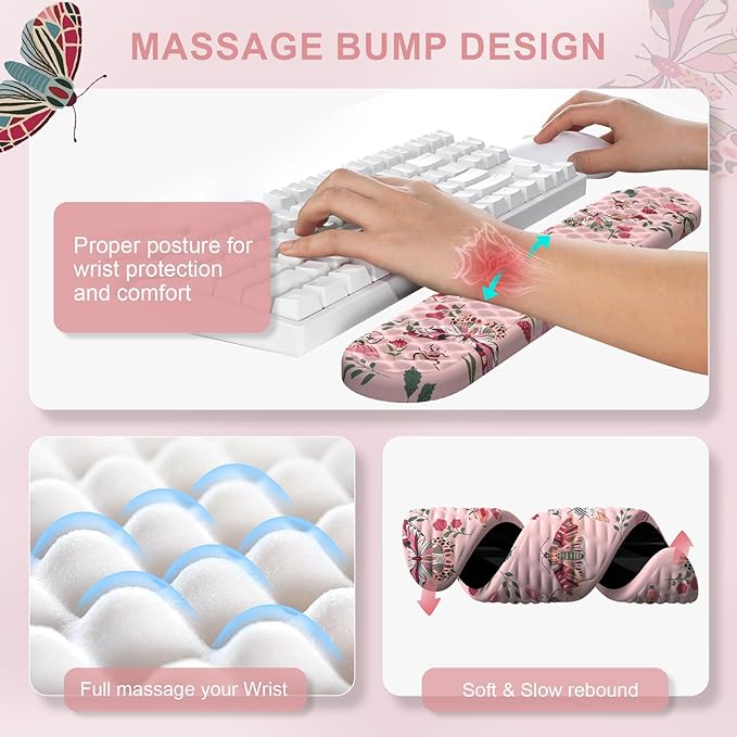 iLeadon Pink Large Desk Mat for Keyboard and Mouse,Ergonomic Massage Wrist Rest Set for Computer Keyboard,Big Flora Mouse Pad XXL+Cup Coaster with Non-Slip Base for Women Home Office,Pink Insect