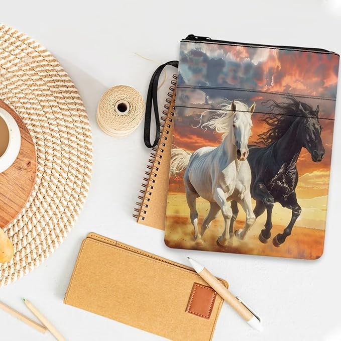 COEQINE Sunset Horse Textbook Cover for Paperbacks 9x11 Portable Book Sleeves with Zipper Portable Book Pouch Protector Book Case with Pen Holder Washable Cute Running Animal