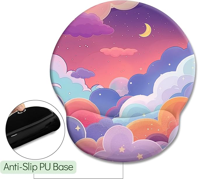 Purple Mouse Pad with Wrist Rest, Cloud Ergonomic Mouse Pad Wrist Support with Non-Slip Pain Relief PU Base, Kawaii Computer Mousepad, Cute Purple Office Desk Accessories Decor Supplies