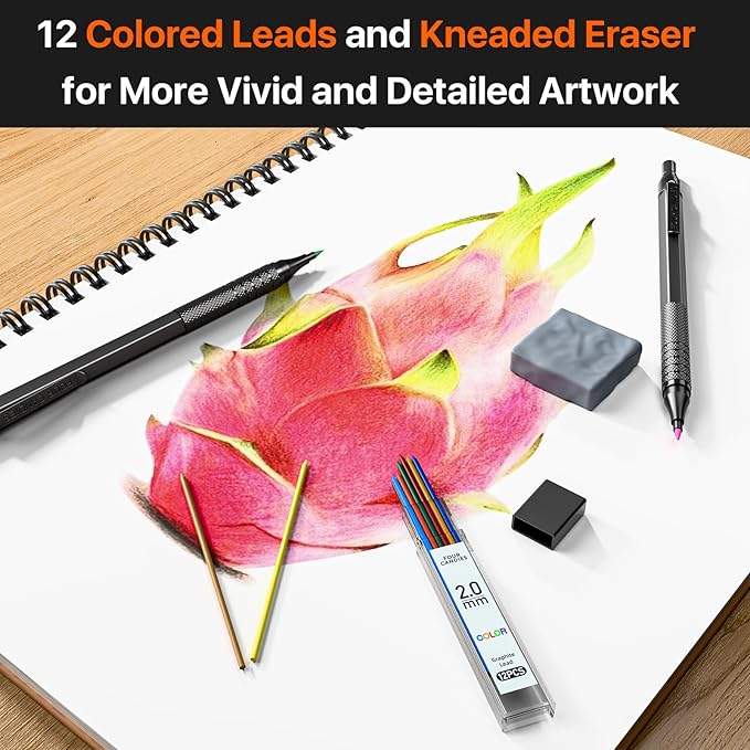 Four Candies Metal Mechanical Pencil Set, 3PCS Art Drafting Pencils 0.5, 0.7, 0.9MM & 2PCS 2MM Mechanical Drawing Pencils with 420PCS Leads (4B 2B HB 2H Color) for Writing Sketching Drawing (Black)