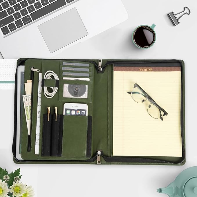Personalized Leather Portfolio with Zipper, Professional Business Padfolio with A4/US Letter Writing Pad holder, Folio for Men and Women, Green