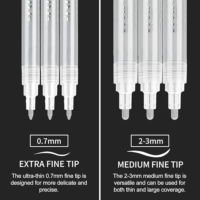 SFAIH Acrylic Silver Paint Pens - 8 Pack 2-3MM Medium Tip & 0.7MM Extra Fine White Paint Marker for Rock Painting, Wood, Metal, Fabric, Canvas, Glass, Ceramic, Diy Crafts