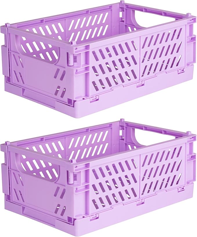 Tixill 2-Pack Mini Foldable Plastic Baskets for Organizing and Storage, Collapsible Storage Crate for Home Kitchen Bedroom Bathroom Office (9.8x6.5x3.8, Purple)