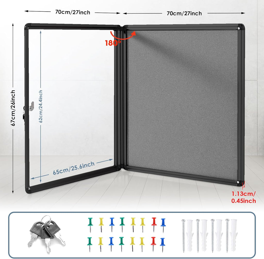 Enclosed Bulletin Board Lockable Display Case Message Board with Locking Door for Indoor, Grey Felt, Black Aluminum Frame, 28 X 26 in
