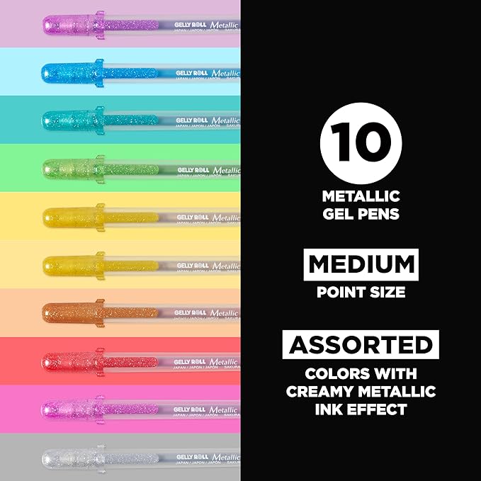 SAKURA Gelly Roll Metallic Gel Pens - Pens for Scrapbook, Journals, or Drawing - Colored Metallic Ink - Medium Line - 10 Pack