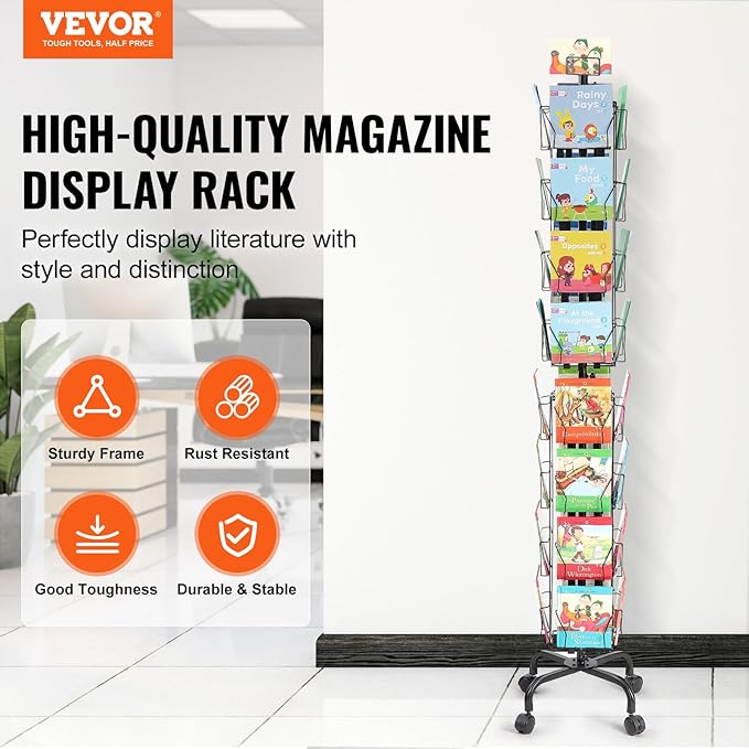 VEVOR Card Display Stand, 32-Slot Rotatable Postcard Holder, 360-Degree Spin with Title Clip & 4 Casters (2 with Brakes) for Office, Exhibits, and Fairs