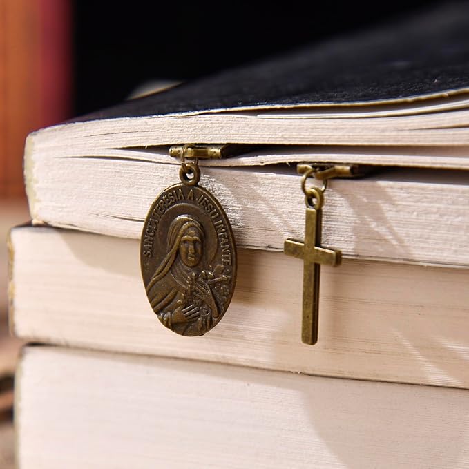 Bookmark, Sancta Teresia a Iesu Infante Bookmarks, with Long Leather Strap, Handmade Vintage Cross Prayer Book Mark, Ideal Catholic Gift (Style 9)