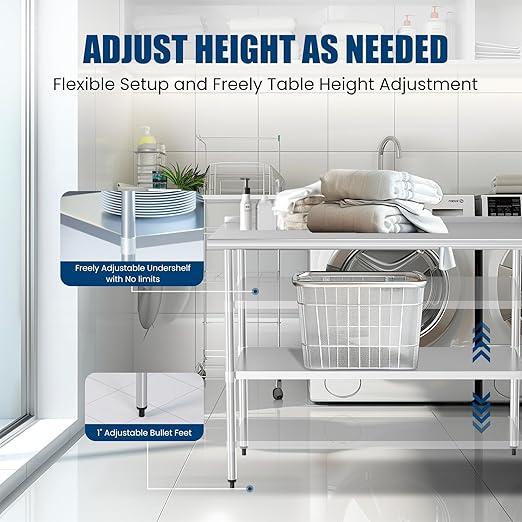 Stainless Steel Table 30 x 48 Inches Metal Prep Table with Backsplash & Adjustable Undershelf, Stainless Table for Commercial Kitchen, Outdoor, Restaurant, Hotel & Garage