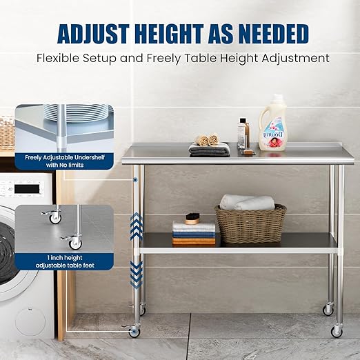 Stainless Steel Table with Wheels 14 x 48 Inches Metal Prep Table with Backsplash & Caster, Adjustable Undershelf for Commercial Kitchen, Outdoor, Restaurant, Hotel & Garage