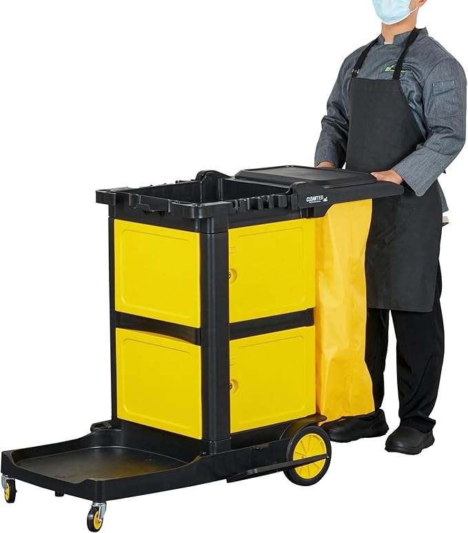 Restaurantware-Clean Tek Professional 3-Shelf Janitor Cart with Wheels, 1 Cleaning Trolley with Cover and 21 Gallon Bag - Includes 1 Double Locking Cabinet, Heavy-Duty, Gray Plastic Janitorial Cart