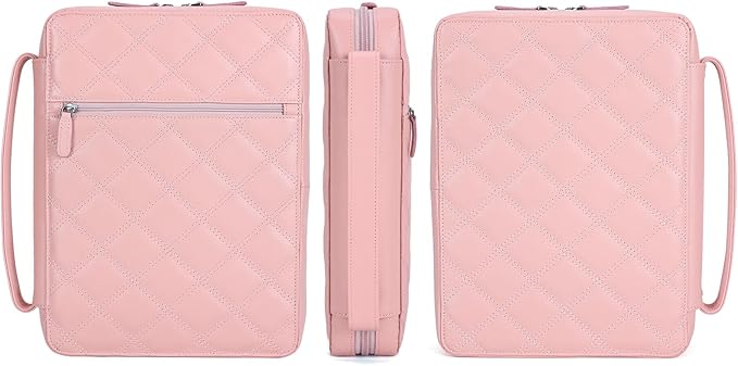 Polare Full Grain Napa Cowhide Leather Bible Cover Church Bag Bible Protective Book Holder Carrying Case Folder Organizer Portfolio for Women (Pink)