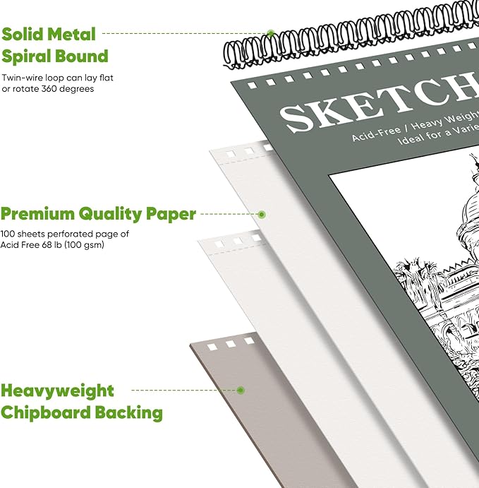 Soucolor 9" x 12" Sketch Book, Back to School Supplies, 1-Pack 100 Sheets Spiral Bound Art Sketchbook, Acid Free (68lb/100gsm) Artist Drawing Book Paper Painting Sketching Pad, College Essentials