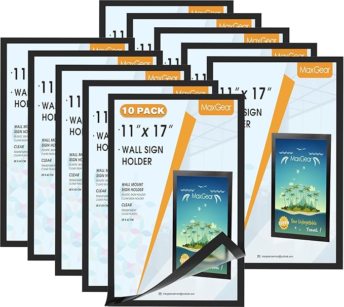 MaxGear 10 Pack Magnetic Sign Holder 11 x 17, Self Adhesive Wall Mount Sign Holder Display Picture Frames Window Sign Holder, Document Poster Paper Flyer Holder for Home Office Store