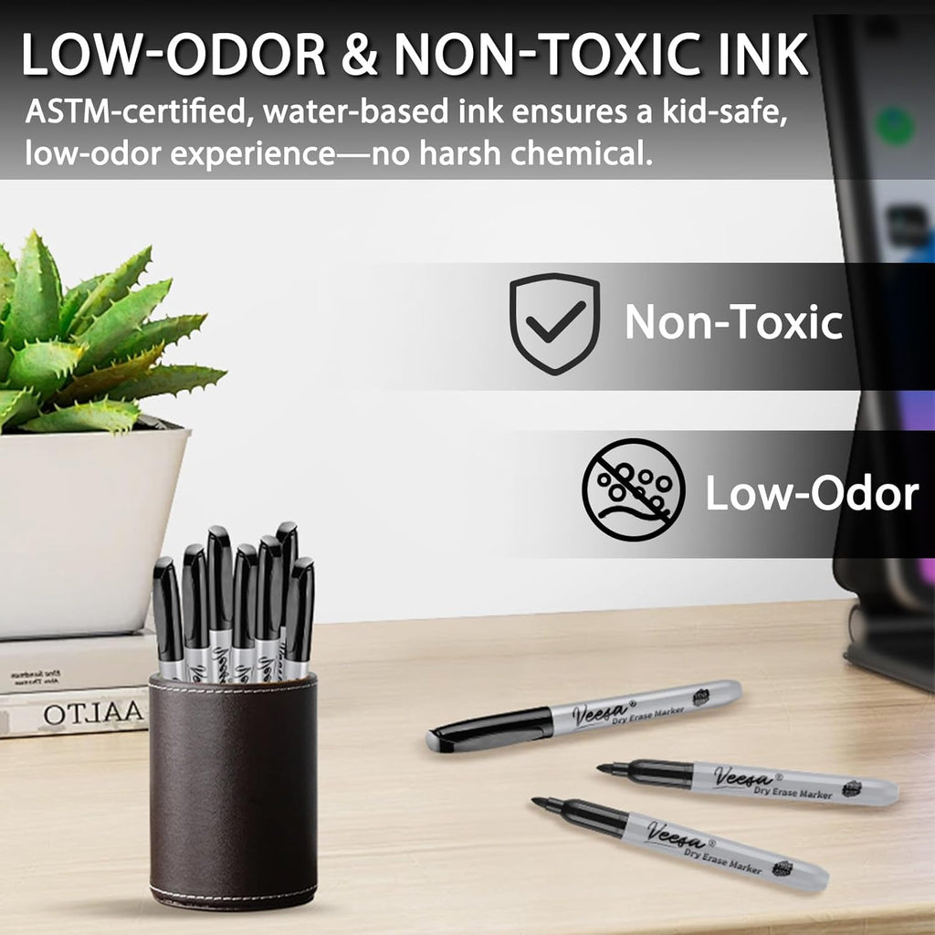 VEESA Dry Erase Markers Black, Fine Tip, 75 Count Low-Odor Whiteboard Marker Pens, Back to School Supplies, Office Series