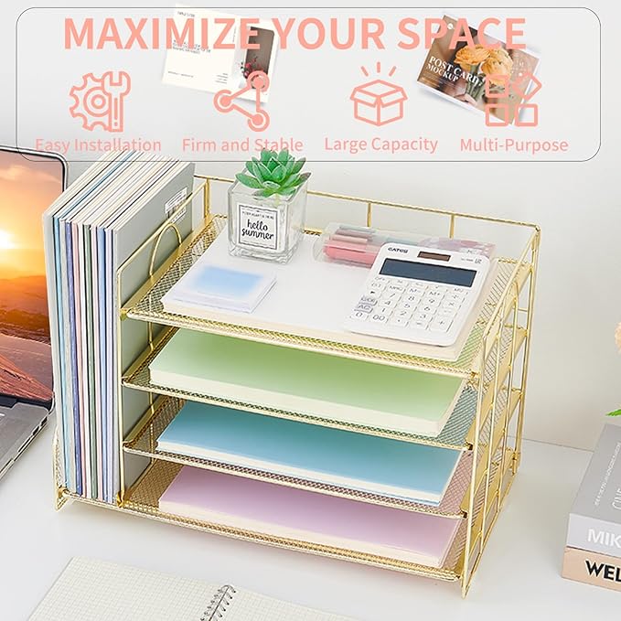 OPNCIE Desk Organizers and Accessories, 4 Tier Paper Letter Tray File Organizer, Office Organization Storage Desk Accessories Workspace Desktop Organizer for Classroom Office Supplies Decor, Gold