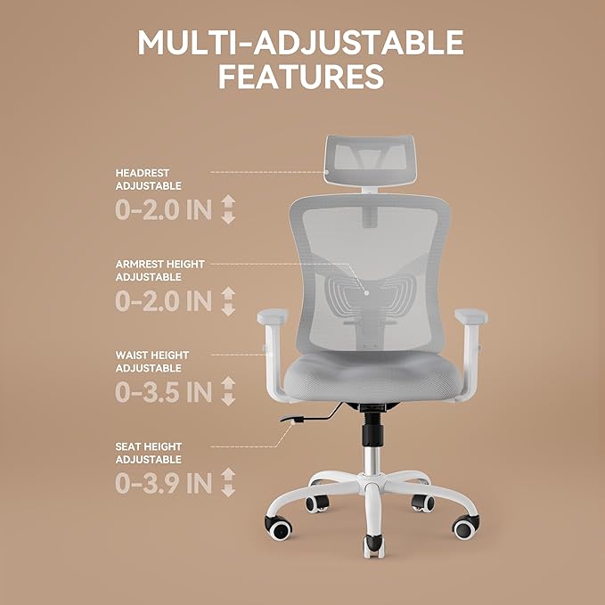 NOBLEWELL Ergonomic Office Chair, Desk Chair with 2'' Adjustable Lumbar Support, Headrest, 2D Armrest, Office Chair Backrest 135° Freely Locking and Rocking, Computer Chair for Home Office
