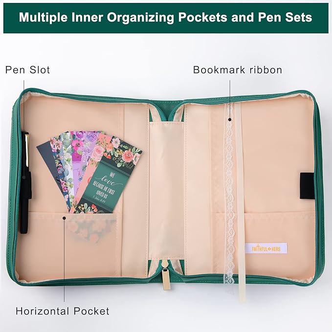 Bible Cover Case for Women with 7 Beautiful Paper Bookmarks Floral PU Leather Bible Cover Bag with Pockets and Zipper for Standard and Large Size Study Bible 10.8"x7.8"x2" (Dark Green)