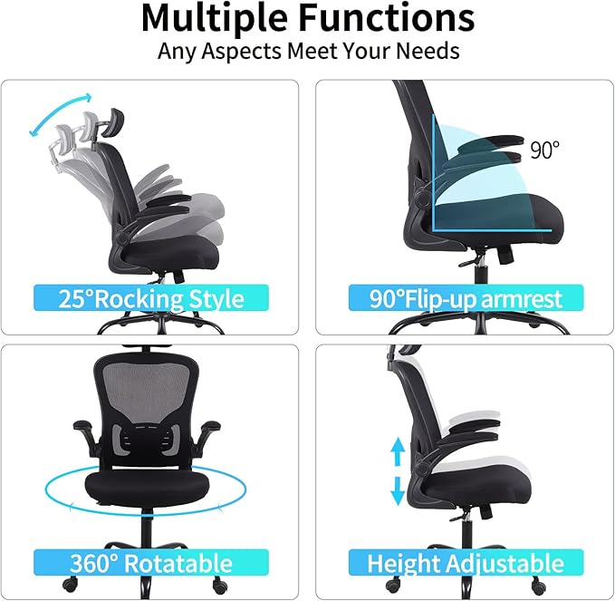 Flysky Ergonomic Office Desk Chair Breathable Mesh Swivel Computer Chair, Lumbar Back Support Task Chair, Office Chairs with Wheels and Flip-up Arms,Executive Rolling Chair (B-Black 5001H)