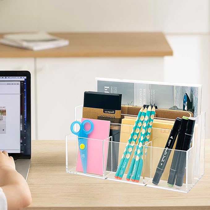 Mail Organizer, Mail Holder with 5 Slots, Modern Mail Sorter Basket for Countertop, Acrylic Desktop Bill Letter Envelope Holder, Clear