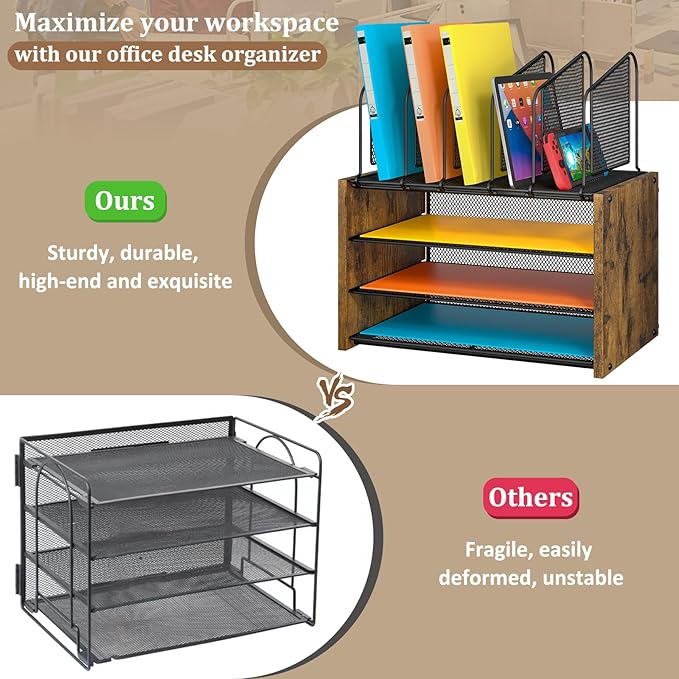 4-Tier Desk Organizer, Desk File Organizer with 5 Vertical File Holders, Office Desktop Organizer with 3 Level Paper Organizer Letter Tray, Wooden Desk Organizers and Accessories for Home Office
