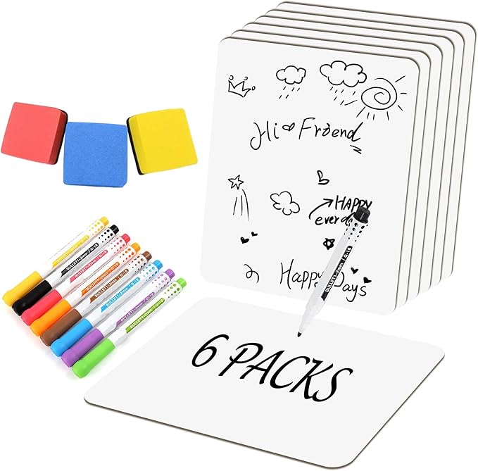 6 Pack Small White Board Dry Erase Classroom Pack Boards 9" x12” Personal Whiteboards for Students Teachers School Supplies Lapboards l Mini Whiteboard Erasers Included Colors pens